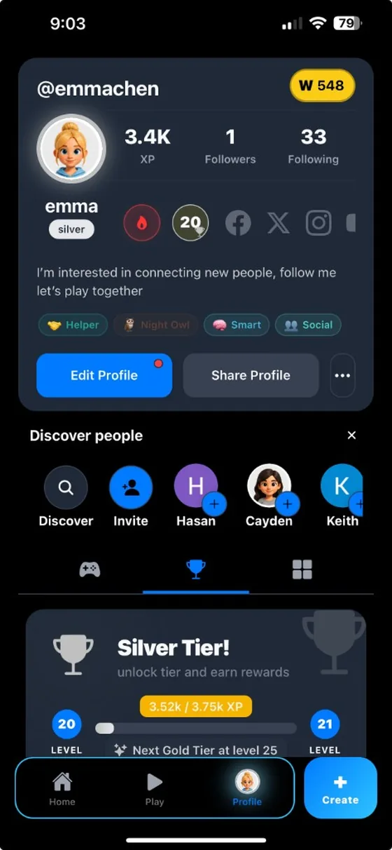 Wocoz app – player profile
